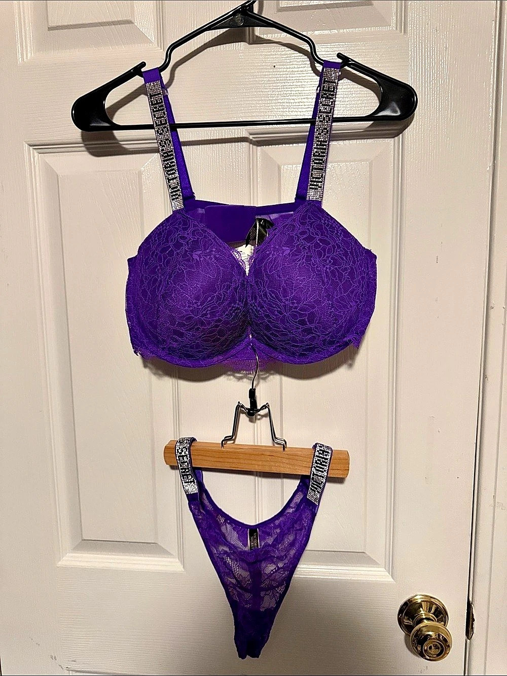 Victoria's Secret Logo Shine Strap Push-Up Bra and Thong Set Purple 34C/L